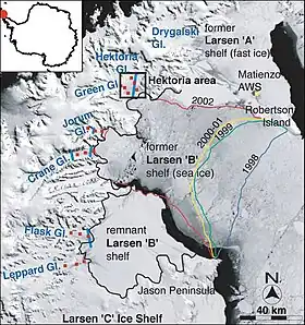 El colapso de Larsen B, mostrando la disminución de la barrera desde 1998 a 2002