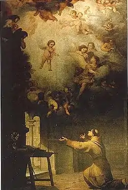 La visión de San Antonio de Padua, obra de arte pintada por Murillo; muestra a San Antonio de Padua recibiendo la visita de el Niño Jesús.