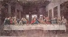  Rectangular fresco, in very damaged condition, of the Last Supper. The scene shows a table across a room which has three windows at the rear. At the centre, Jesus sits, stretching out his hands, the left palm up and the right down. Around the table, are the disciples, twelve men of different ages. They are all reacting in surprise or dismay at what Jesus has just said. The different emotional reactions and gestures are portrayed with great naturalism.