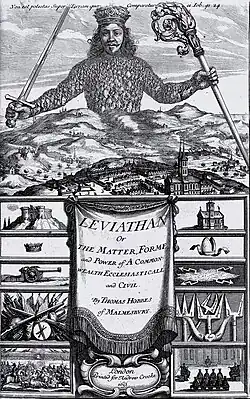 Ilustración de portada de Leviathan de Hobbes, en la que el monstruo bíblico aparece representado como un gigantesco cuerpo de rey formado por la agregación de los diminutos cuerpos de sus súbditos.