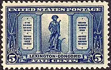 A blue postage stamp. In the middle is a statue of a man in 18th-century clothing. He holds a rifle, and his coat is on a plow beside him. On tablets to the immediate left and right of the statue are four stanzas of the Concord Hymn. Above is printed "United States Postage"; below, "Lexington-Concord" and "Five Cents". In the bottom corners are the numeral 5 with the year 1775 on the left and 1925 on the right.