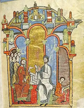 Liber feudorum maior, Ramón de Caldes leyendo documentos al rey Alfonso II de Aragón el Casto