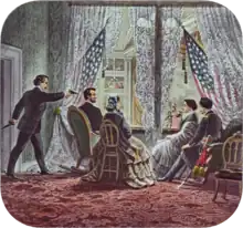 Image of Lincoln being shot by Booth while sitting in a theater booth.