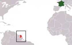 Mapa de la Guayana Francesa, territorio de ultramar perteneciente a Francia, hábitat de la Ephebopus cyanognathus.