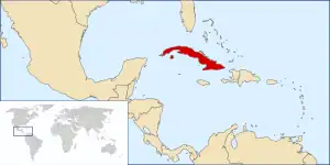 Mapa que marca la ubicación de Cuba, país que junto a las Bahamas alberga colonias de Nyctiellus lepidus.