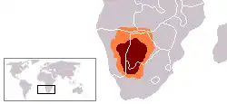 Desierto del Kalahari (destacado en marrón) y cuenca del Kalahari (naranja)