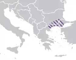 Límites aproximados del thema de Macedonia, durante la dominación bizantina