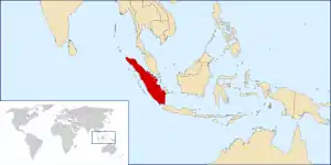 Mapa donde se destaca la ubicación de la isla indonesia de Sumatra, hábitat del Muntiacus montanus.