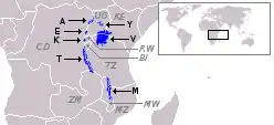 Lagos; (M)Malaui, (T)Tanganica, (V)Victoria y (E)Eduardo en África