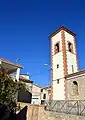 Paisaje urbano en Los Santos (Castielfabib), detalle de la torre-campanario de la Ermita de San Marcos(2015).