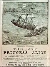 Panfleto que muestra el embate del Princess Alice por el castillo de Bywell; se ven algunas personas en el agua. El panfleto se titula "The Loss of the Princess Alice"