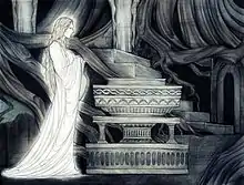 Dibujo de Galadriel en Lothlórien sosteniendo un cántaro delante de una fuente en la parte más baja de una escalera