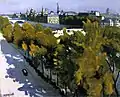 Peinture représentant une chaussée bordée d'arbres et des silhouettes de bâtiments ensoleillés, avec un jeu d'ombres
