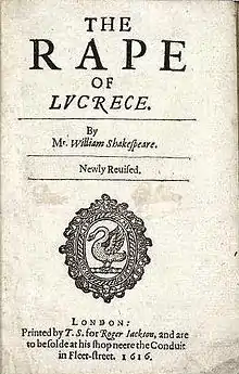 Title page of the narrative poem The Rape of Lucrece with Mr. prefixing Shakespeare's name.