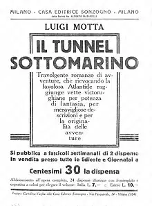 Folleto publicitario para la novela publicada por entregas Il tunnel sottomarino, Sonzogno, 1927.