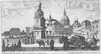 La 'fuente de la Abundancia' o 'fuente de la plaza de la Cebada' que entre 1618-1840 estuvo en esa plaza del viejo Madrid, tradicional espacio de mercado, al que llegaban los arrieros por la vecina Puerta de Moros a comerciar sus mercancías, precedente del mercado de la Cebada construido en 1868. (El grabado es una copia de 1866)