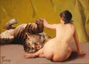 Jugando con el tigre, 1877. Óleo sobre plancha de madera,16 x 21,5 cm.