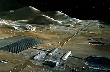 Un concepto de una base lunar de la NASA con catapulta electromagnética (la estructura larga que se extiende hacia el horizonte).