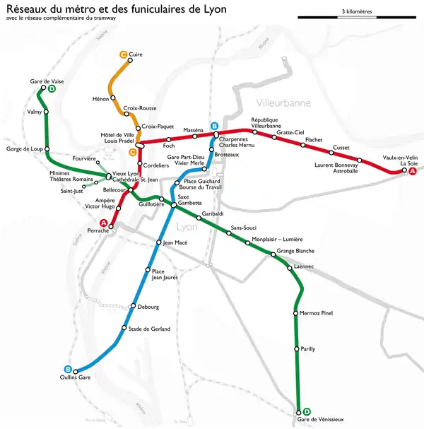 Plano de la red de metro y tranvía de Lyon