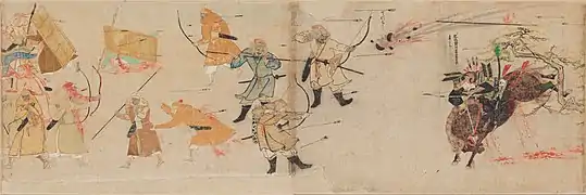 Una bomba mongola arrojada contra un Samurái en carga durante las Invasiones mongolas a Japón después de fundar la Dinastía Yuan, 1281.