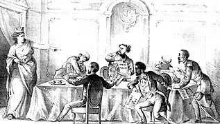 Dibujo satírico que muestra a Rumanía interrupiendo una sesión de gobierno para increpar a los gobernantes de su nación.