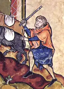 Campesino arreando mulas de carga. Biblia Maciejowski, hacia 1250.