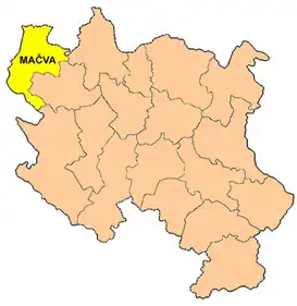 Mapa del Distrito de Mačva en Serbia central