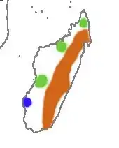 Distribución de las tres especies de mesitos en Madagascar: