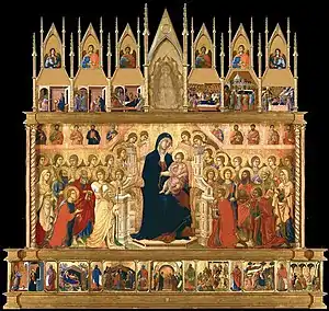 Reconstrucción del aspecto original de la Maestà de la catedral de Siena, de Duccio, 1308-1311.