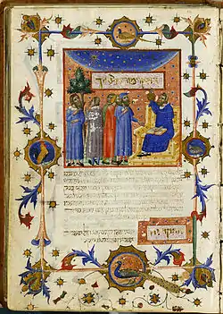 Guía de los Perplejos (Maimónides, c. 1140), manuscrito hebreo miniado, Barcelona, 1348. Iluminado por Jaume Ferrer Bassa. Maimónides enseñando que la medida del hombre es humilde en relación a aquella del universo.