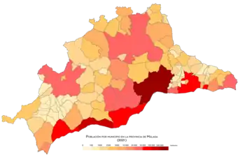 Mapa de población por municipios en la provincia de Málaga