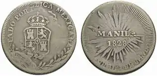 Moneda de 8 reales reacuñada sobre una de la República Mexicana, Manila, 1828.