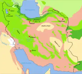 Localización en un mapa de biotopos de Irán       Estepa boscosa      Bosques      Semidesierto      Tierras bajas desérticas      Estepa      Pantanos aluviales salados