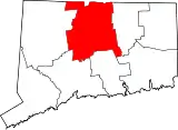 Mapa de Connecticut con la ubicación del condado de Hartford