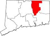 Mapa de Connecticut con la ubicación del condado de Tolland