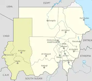 Darfur, en verde, ubicado al oeste de Sudán.