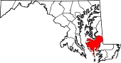 Mapa de Maryland con la ubicación del condado de Dorchester