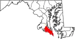 Mapa de Maryland con la ubicación del condado de Saint Mary's