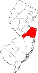 Mapa de Nueva Jersey con la ubicación del condado de Monmouth