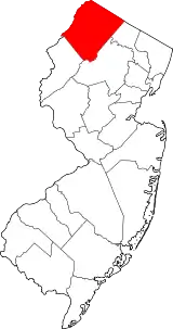 Mapa de Nueva Jersey con la ubicación del condado de Sussex