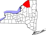 Mapa de Nueva York con la ubicación del condado de St. Lawrence