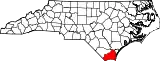 Mapa de Carolina del Norte con la ubicación del condado de Brunswick