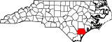 Mapa de Carolina del Norte con la ubicación del condado de Pender