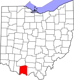 Mapa de Ohio con la ubicación del condado de Adams