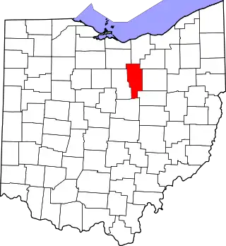 Mapa de Ohio con la ubicación del condado de Ashland