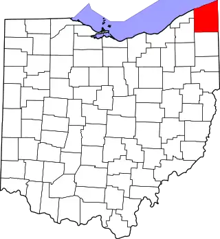 Mapa de Ohio con la ubicación del condado de Ashtabula