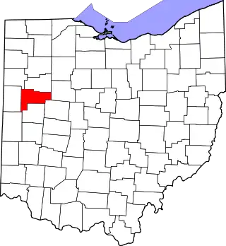 Mapa de Ohio con la ubicación del condado de Auglaize