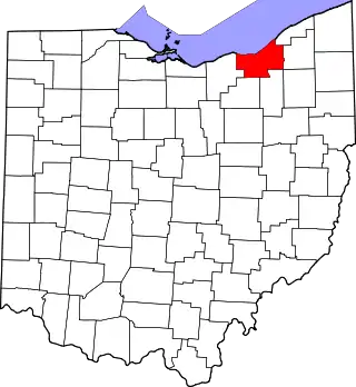 Mapa de Ohio con la ubicación del condado de Cuyahoga