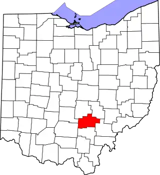 Mapa de Ohio con la ubicación del condado de Hocking