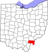 Mapa de Ohio con la ubicación del condado de Meigs